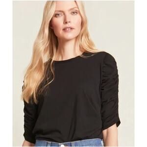 Veronica Beard Waldorf Ruched-Sleeve Slub T-Shirt Black Size XS NWT